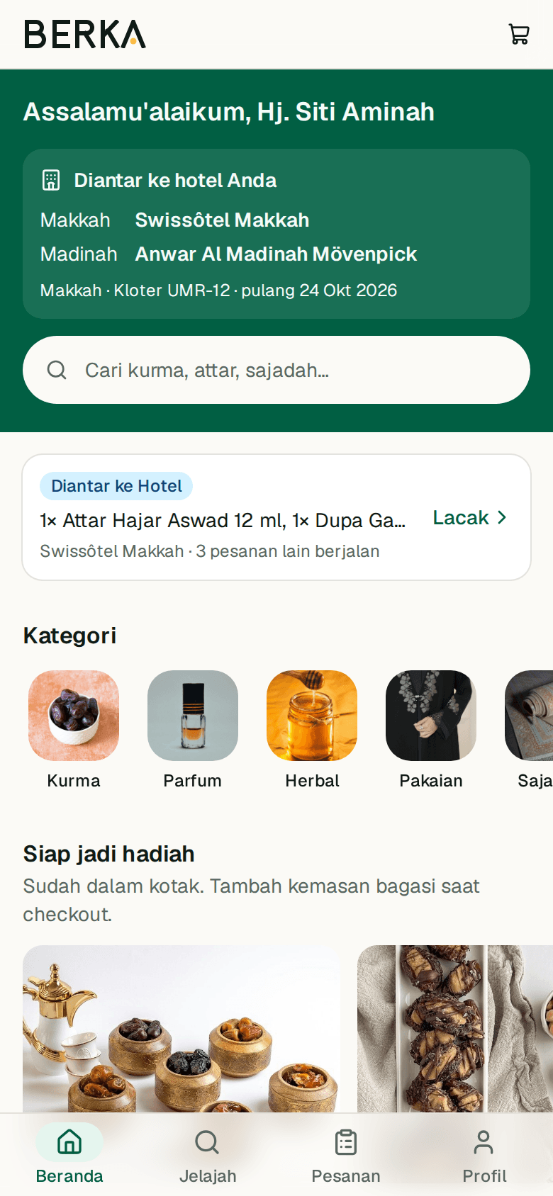 Layar utama demo belanja Berka di ponsel